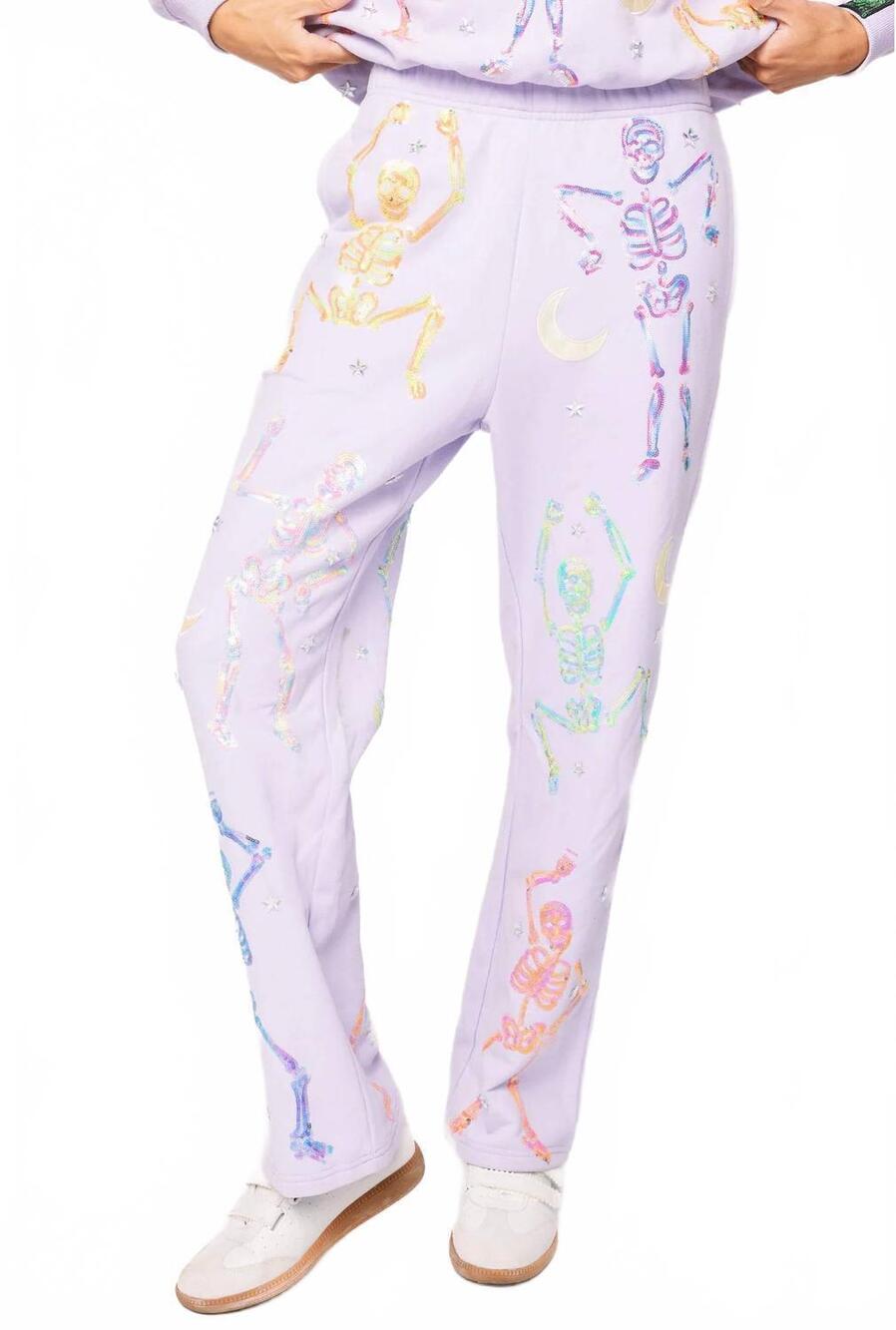 NEW QUEEN OF SPARKLES dancing skeleton sweatpants in lavender multi